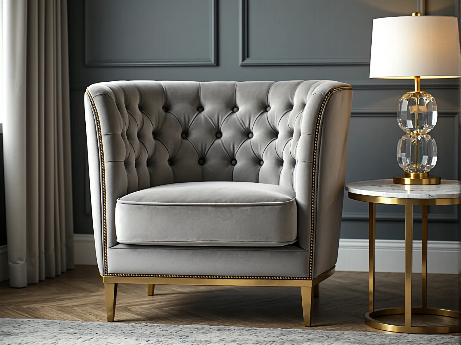 Zbliżenie na aksamitną, pikowaną kanapę – kluczowy materiał w luksusowych meblach w stylu glamour.