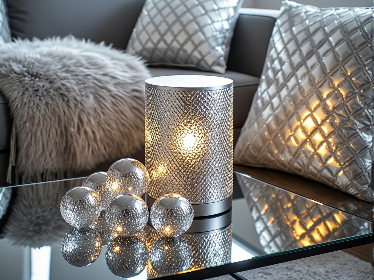 Zbliżenie na srebrne lampy LED, kluczowy element dekoracyjny w aranżacji balkonu w stylu glamour.