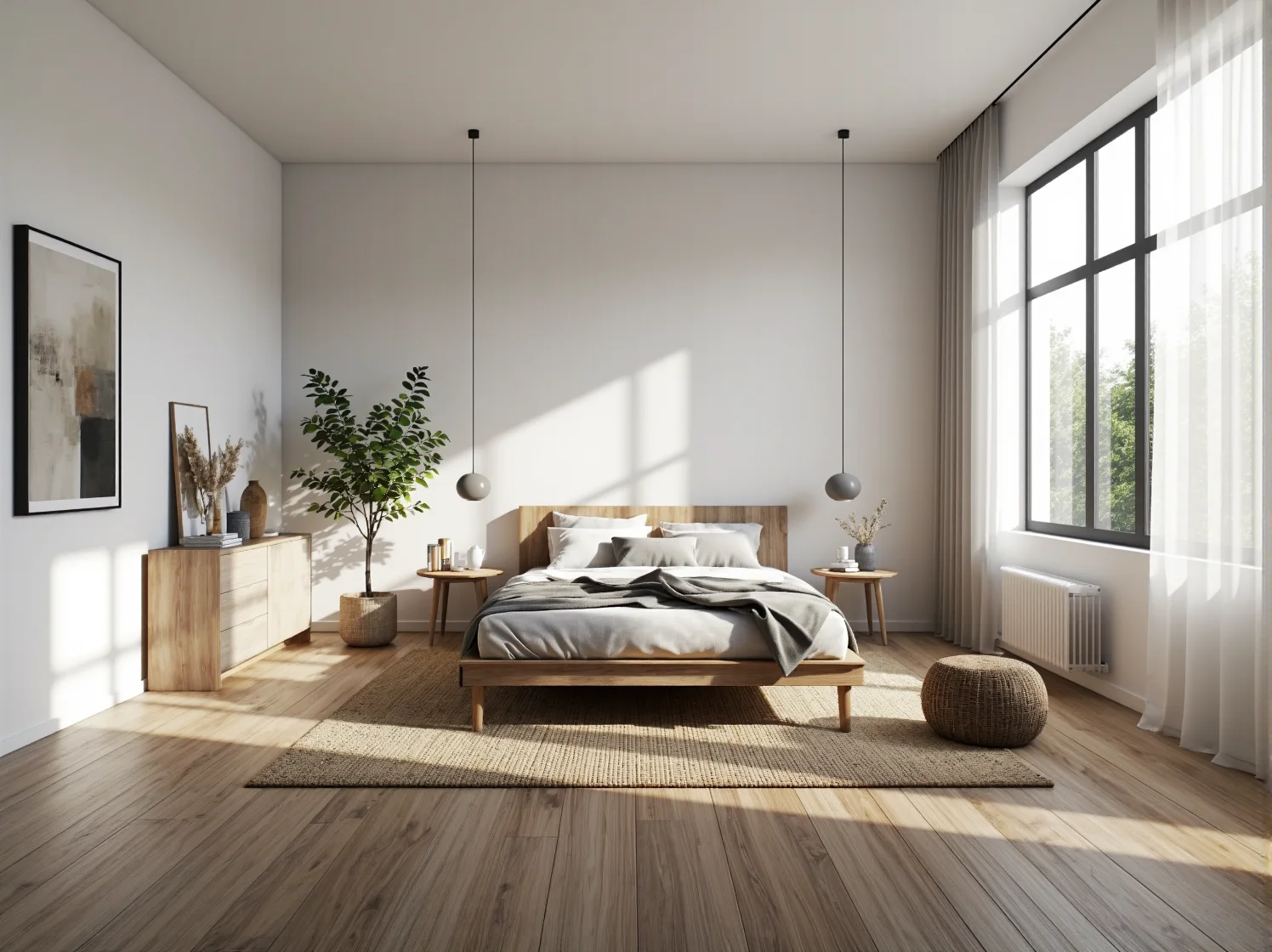 Łóżko drewniane dąb naturalny z zagłówkiem i stolikami nocnymi