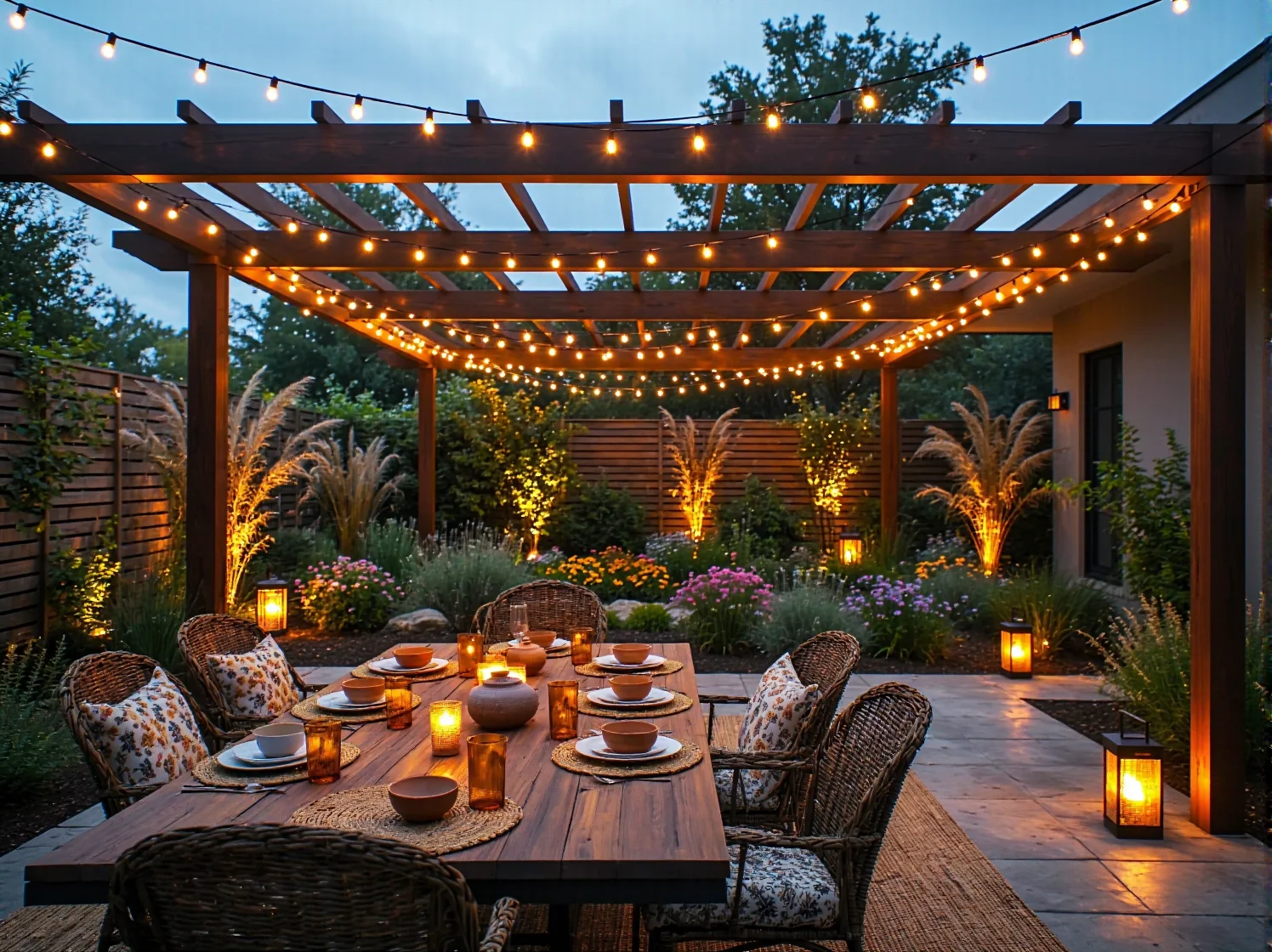 Magiczna aranżacja ogrodu boho z ciepłym światłem lamp solarnych.