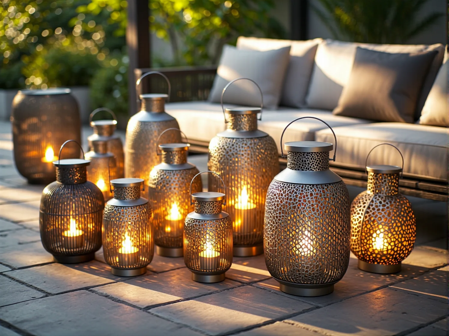 Ogród w stylu glamour wieczorową porą, oświetlony świecami, tworzący magiczną atmosferę do wypoczynku.