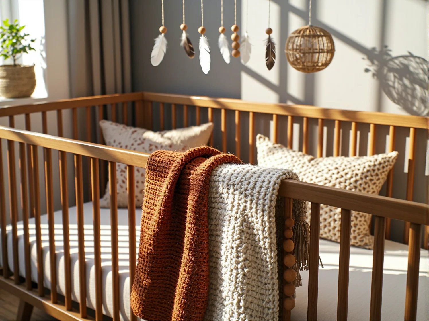 Aranżacja kącika dla niemowlaka w stylu boho. Rattanowy fotel, puszysty dywan i rośliny doniczkowe tworzą ciepłą atmosferę.