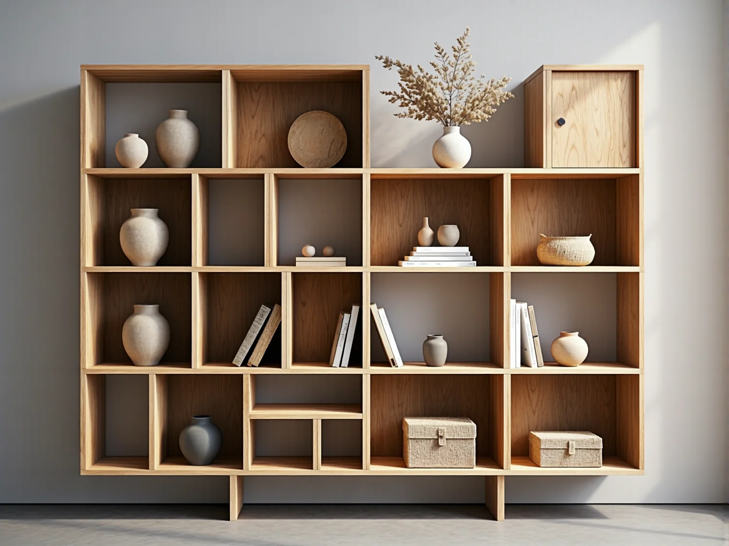 Nowoczesny regał modułowy w stylu skandynawskim zapewniający dużo miejsca na zabawki w mieszkaniu rodzinnym.