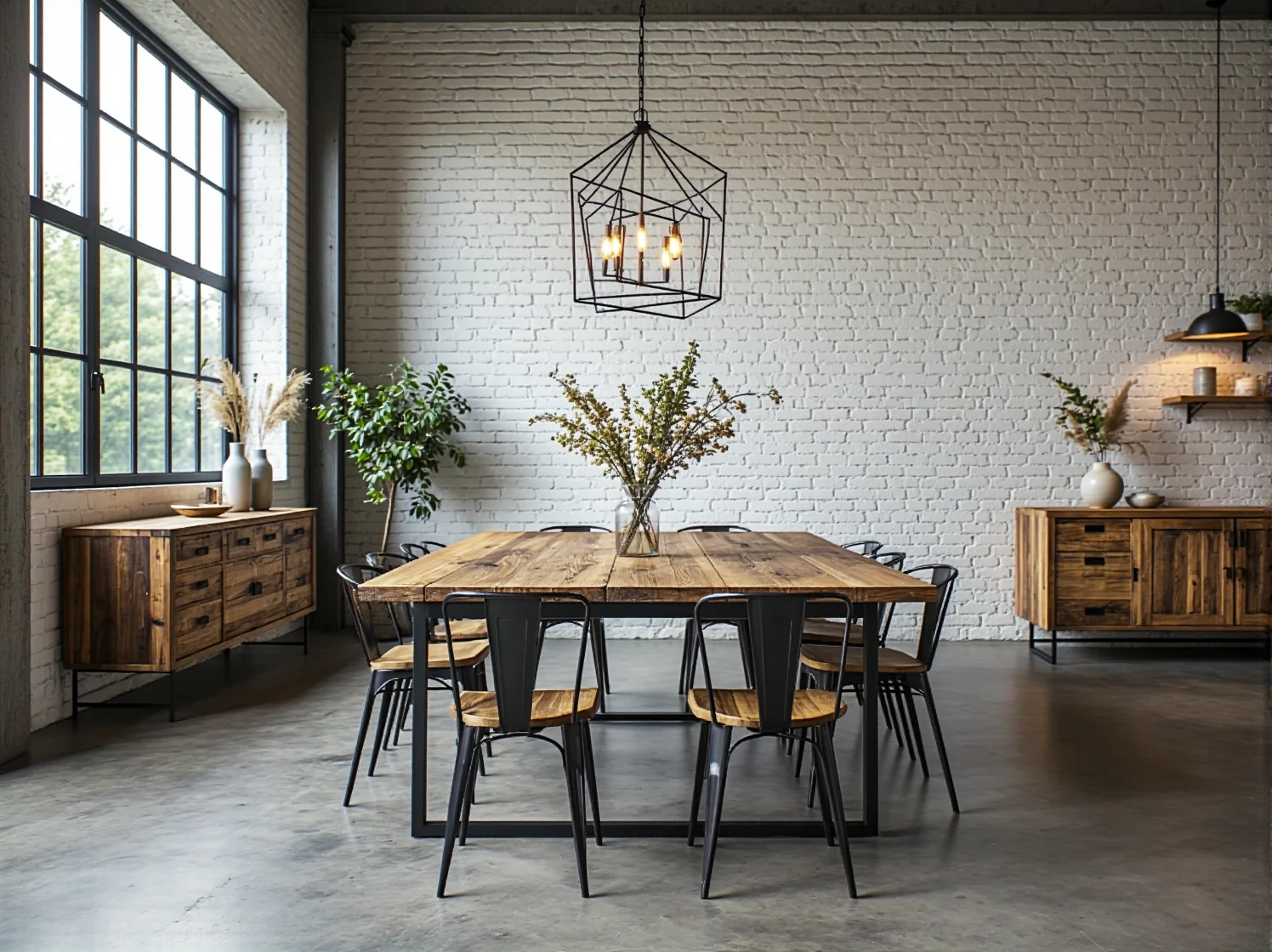 Surowy charakter mebli industrialnych w salonie. Metalowy regał i stolik kawowy na tle betonowej ściany w lofcie.