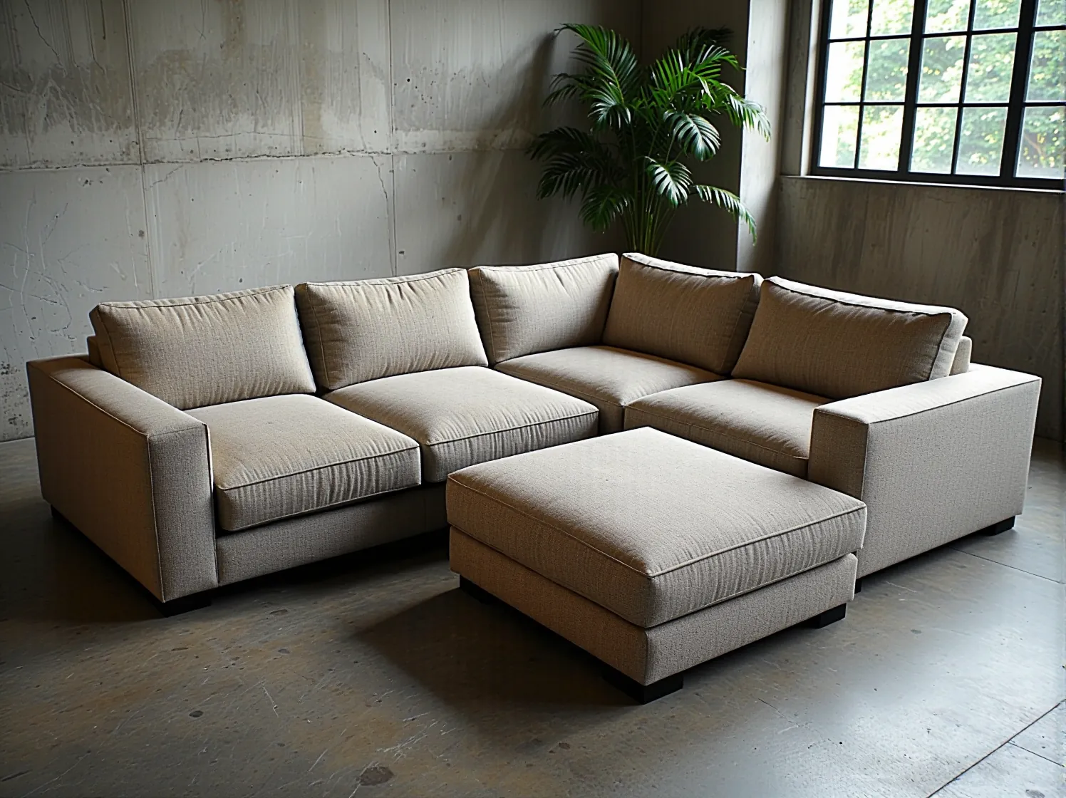 Aranżacja salonu loftowego z dużym, jasnym narożnikiem, metalowym stolikiem i surowymi dodatkami.