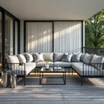 Narożna sofa ogrodowa szara z czarną metalową ramą