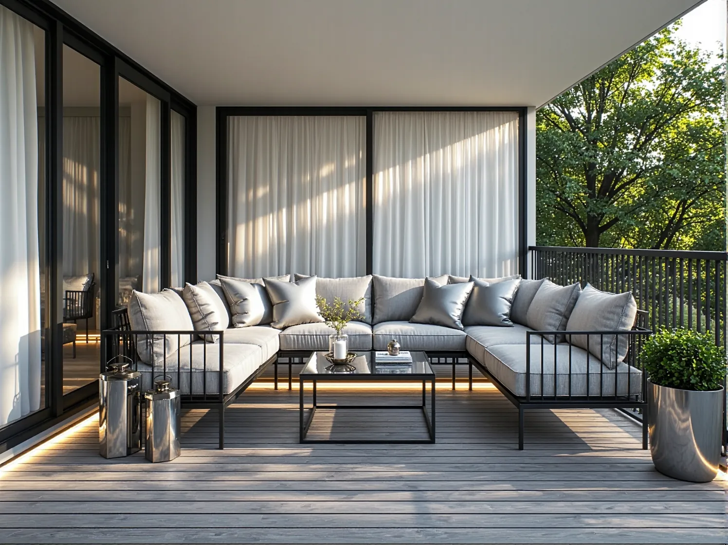 Narożna sofa ogrodowa szara z czarną metalową ramą