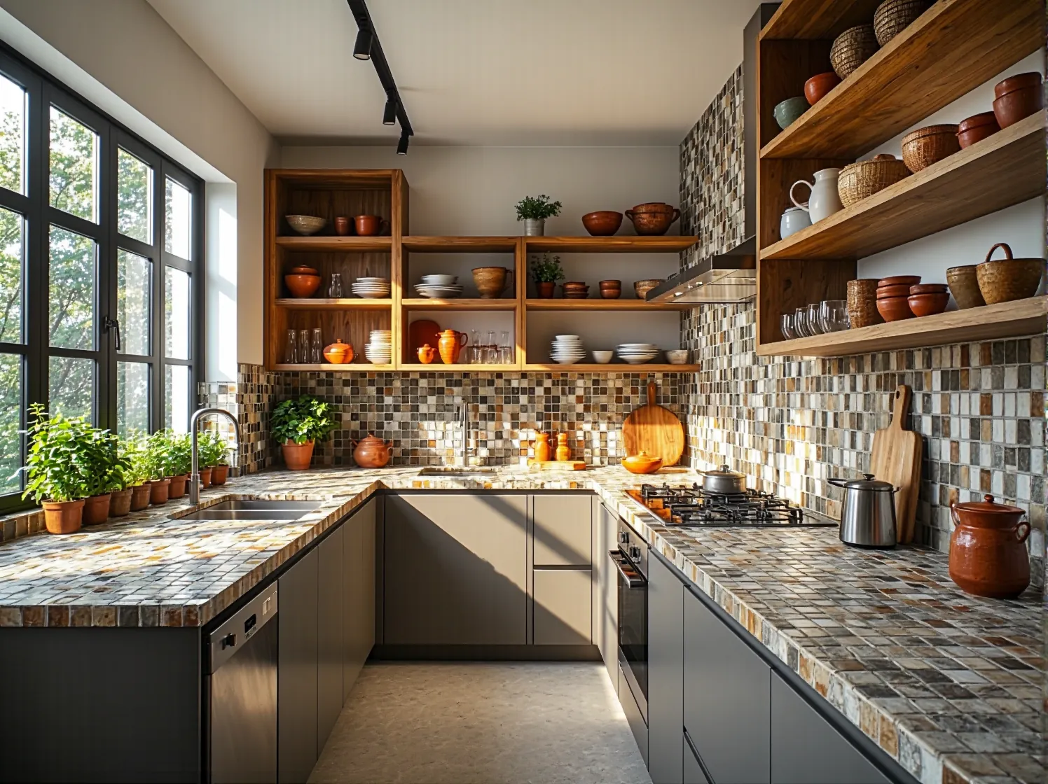 Bambusowe akcesoria i rośliny doniczkowe jako ekologiczne dekoracje w nowoczesnym małym wnętrzu.