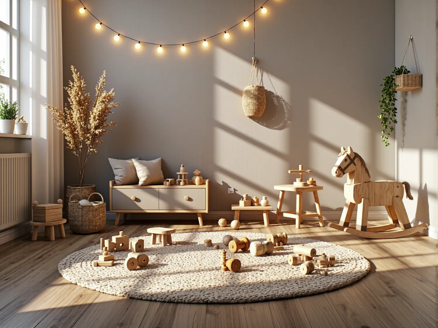 Bezpieczna przestrzeń do zabawy dla dziecka z niskimi regałami na zabawki i miękkim dywanem w neutralnych barwach.