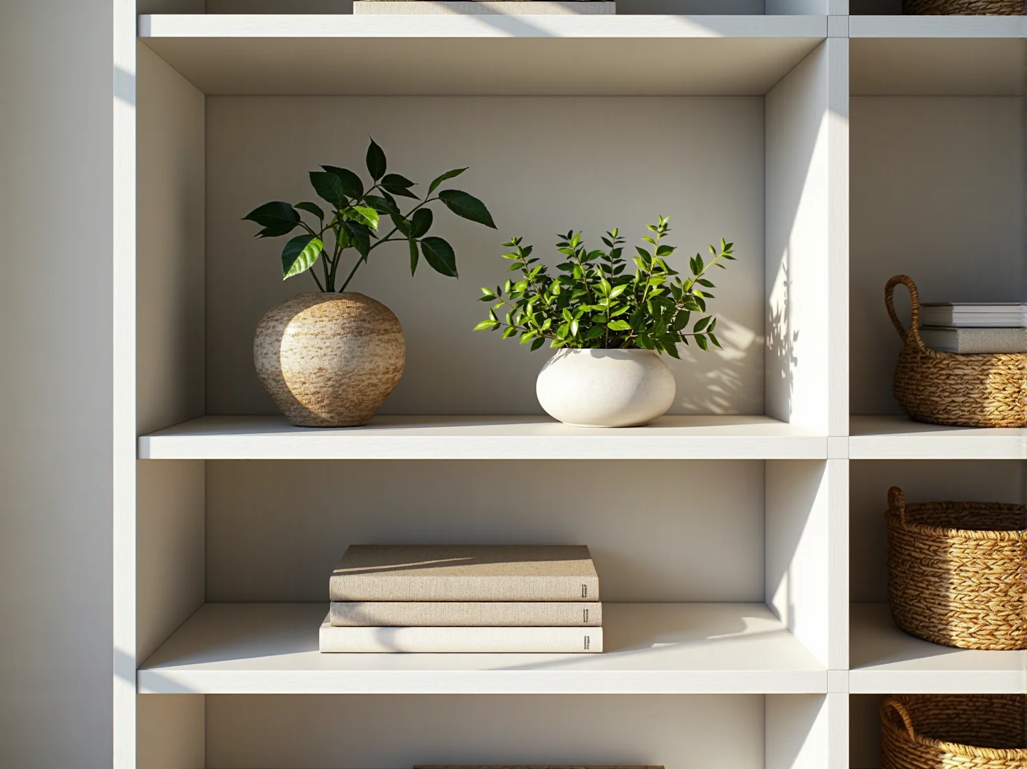 Zbliżenie na biały regał modułowy, ukazujący jego prostą formę i możliwości adaptacji w skandynawskim wnętrzu.