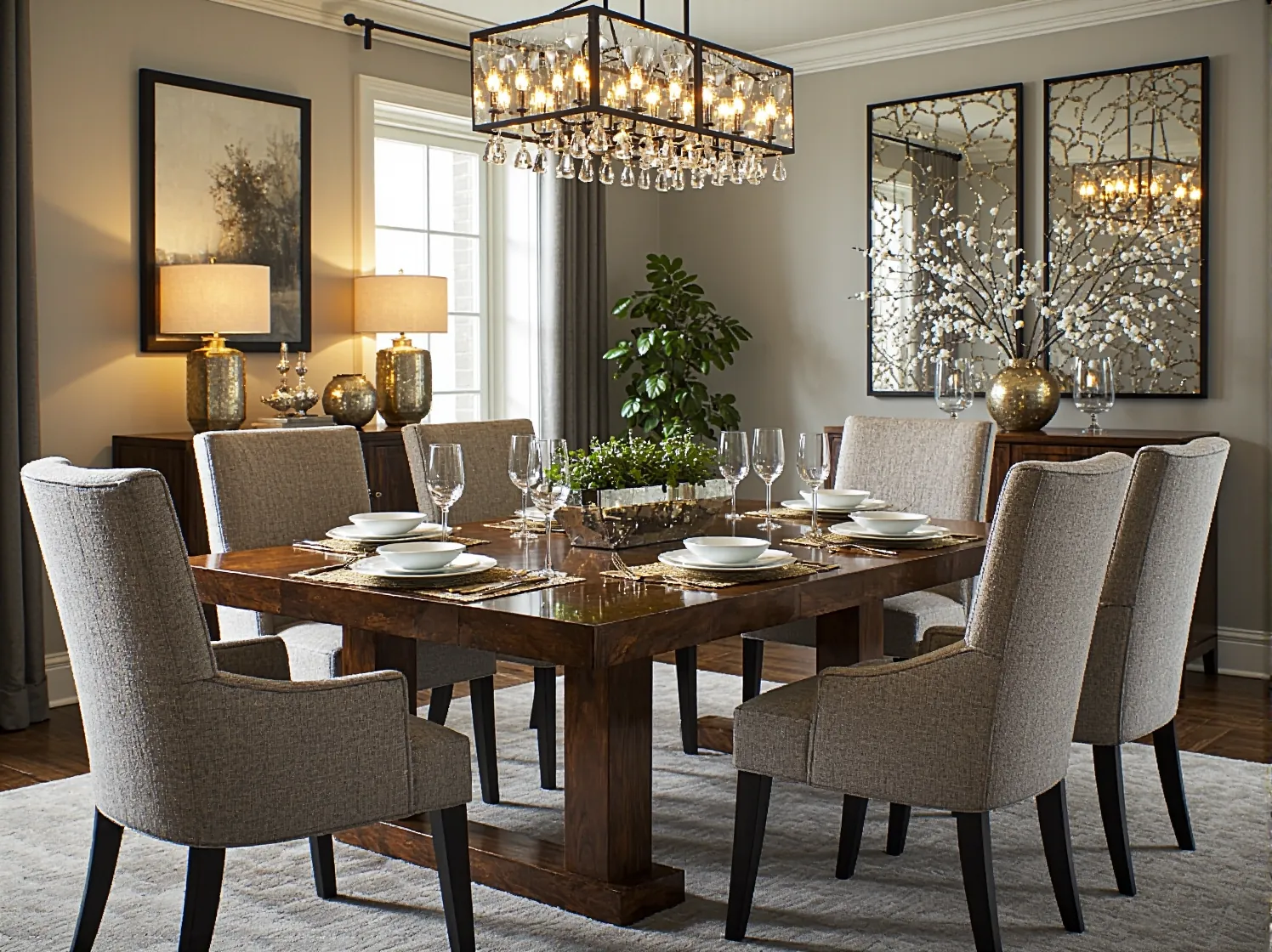 Kryształowy żyrandol i lustrzana konsola, czyli błyszczące materiały w aranżacji glamour.