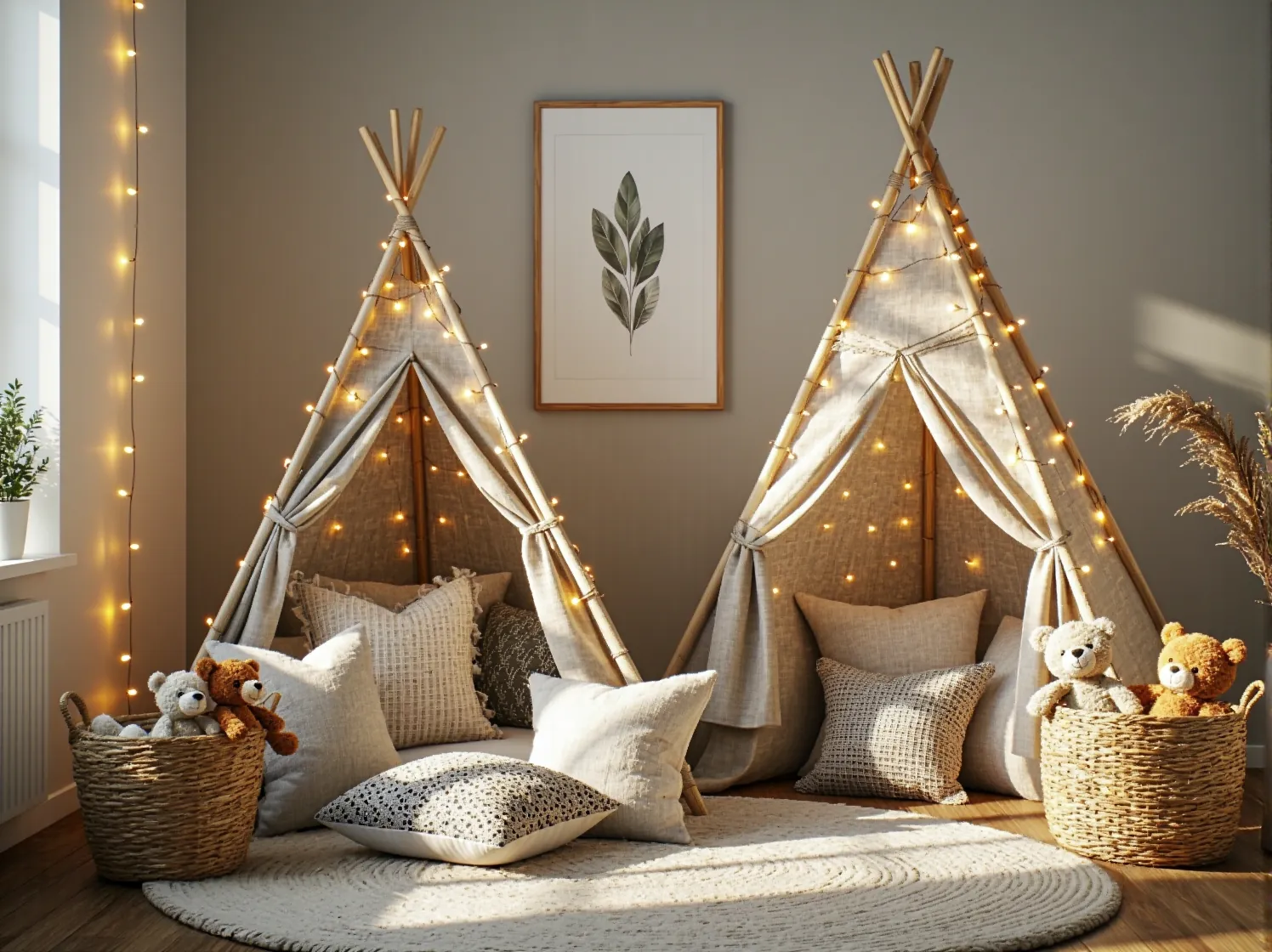 Zbliżenie na dekoracje w pokoju niemowlęcym boho: wisząca kołyska, baldachim i girlanda z chwostami w kolorach ziemi.