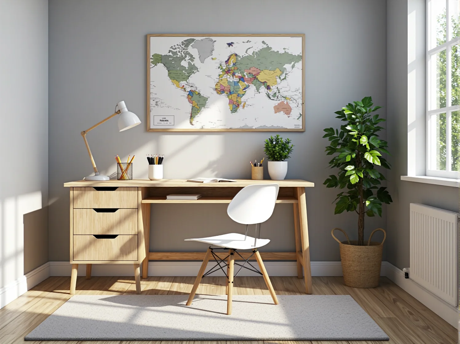 Dekoracje i dodatki do pokoju przedszkolaka w stylu skandynawskim: bawełniane kosze i geometryczne wzory.