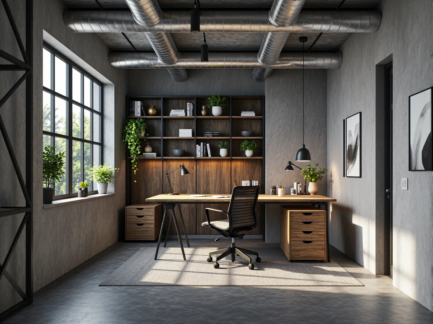 Detal mebli w stylu loftowym. Zbliżenie na połączenie naturalnego drewna blatu z czarną, metalową podstawą stołu.