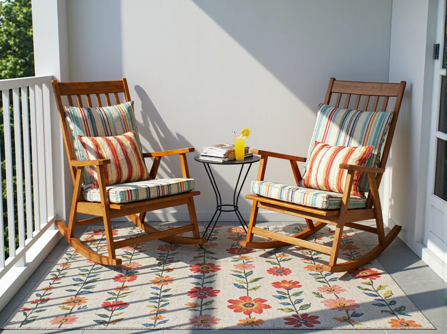 Zbliżenie na kolorowe, wzorzyste poduszki i pledy zdobiące białe meble ogrodowe w stylu retro.