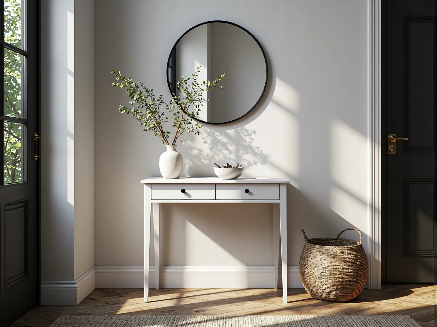 Skandynawskie dodatki w przedpokoju: okrągłe lustro w czarnej ramie, prosta ławka i minimalistyczny wieszak.