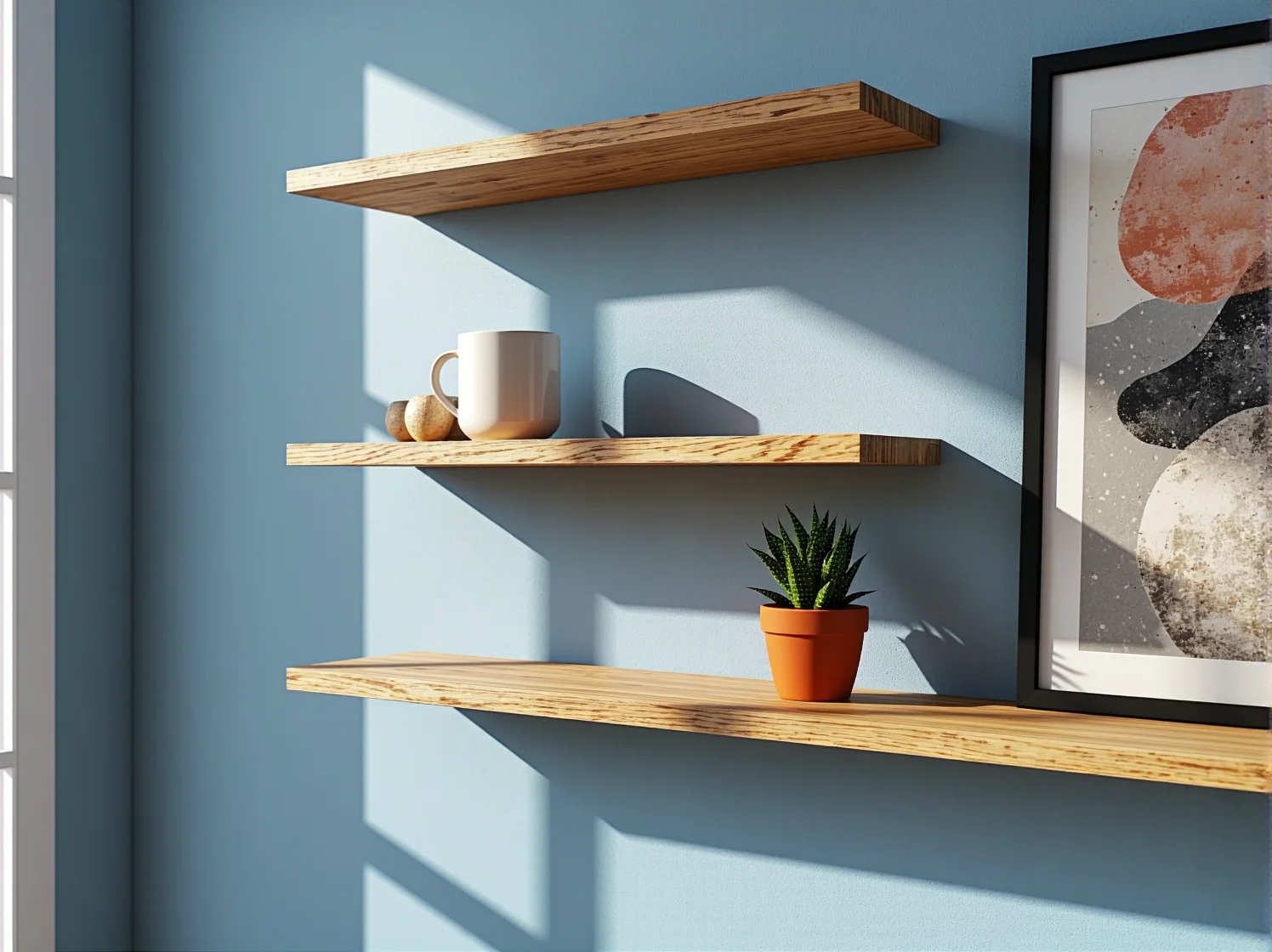Drewniana półka wisząca w stylu skandynawskim na tle białej ściany.