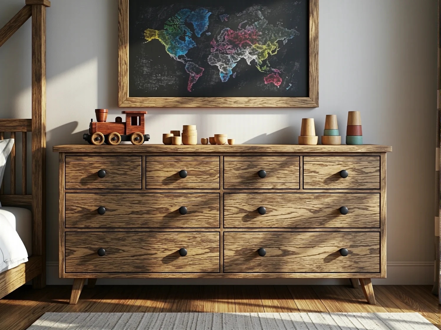 Kącik do zabawy w pokoju dziecka z małymi, drewnianymi meblami w stylu rustykalnym. Stylowe i bezpieczne dodatki.