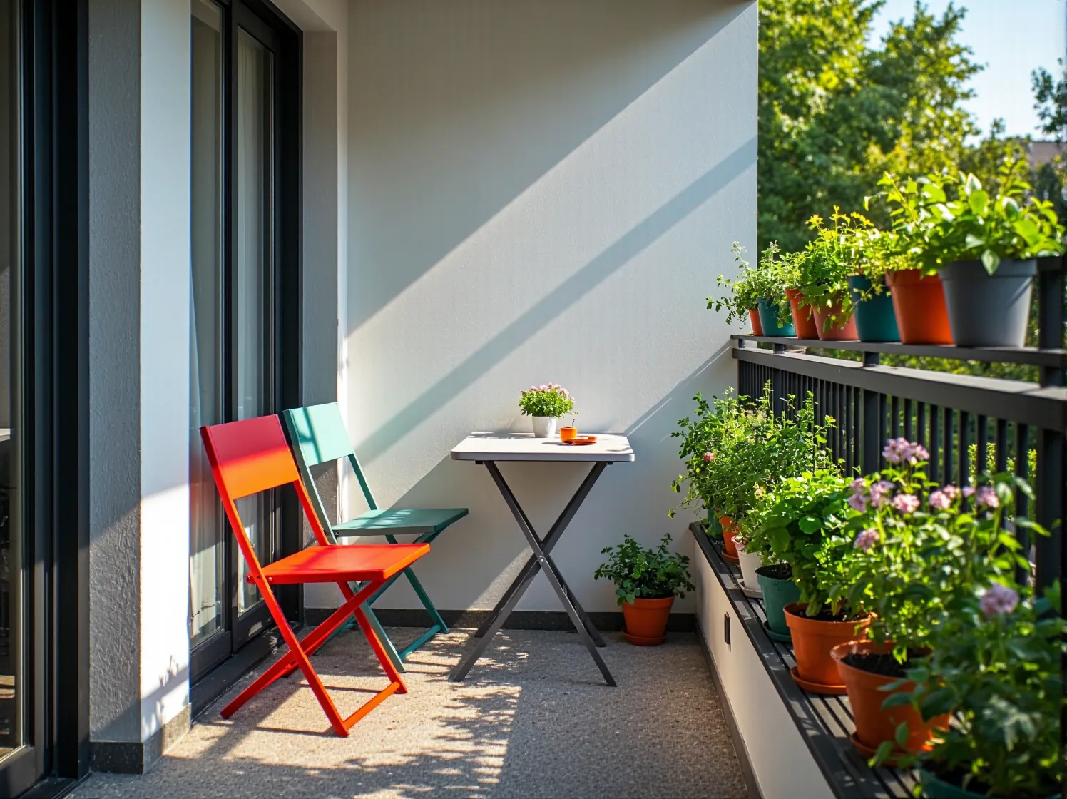 Drewniane meble ogrodowe na mały balkon z miękkimi poduszkami i oświetleniem.