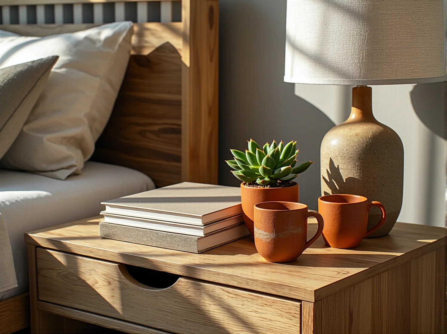 Zbliżenie na drewniany stolik nocny z minimalistyczną lampką w skandynawskiej sypialni.