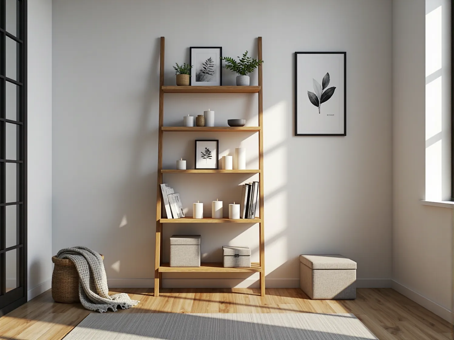 Prosty regał drabinkowy z jasnego drewna oparty o ścianę, ozdobiony ceramiką. Esencja stylu skandynawskiego.