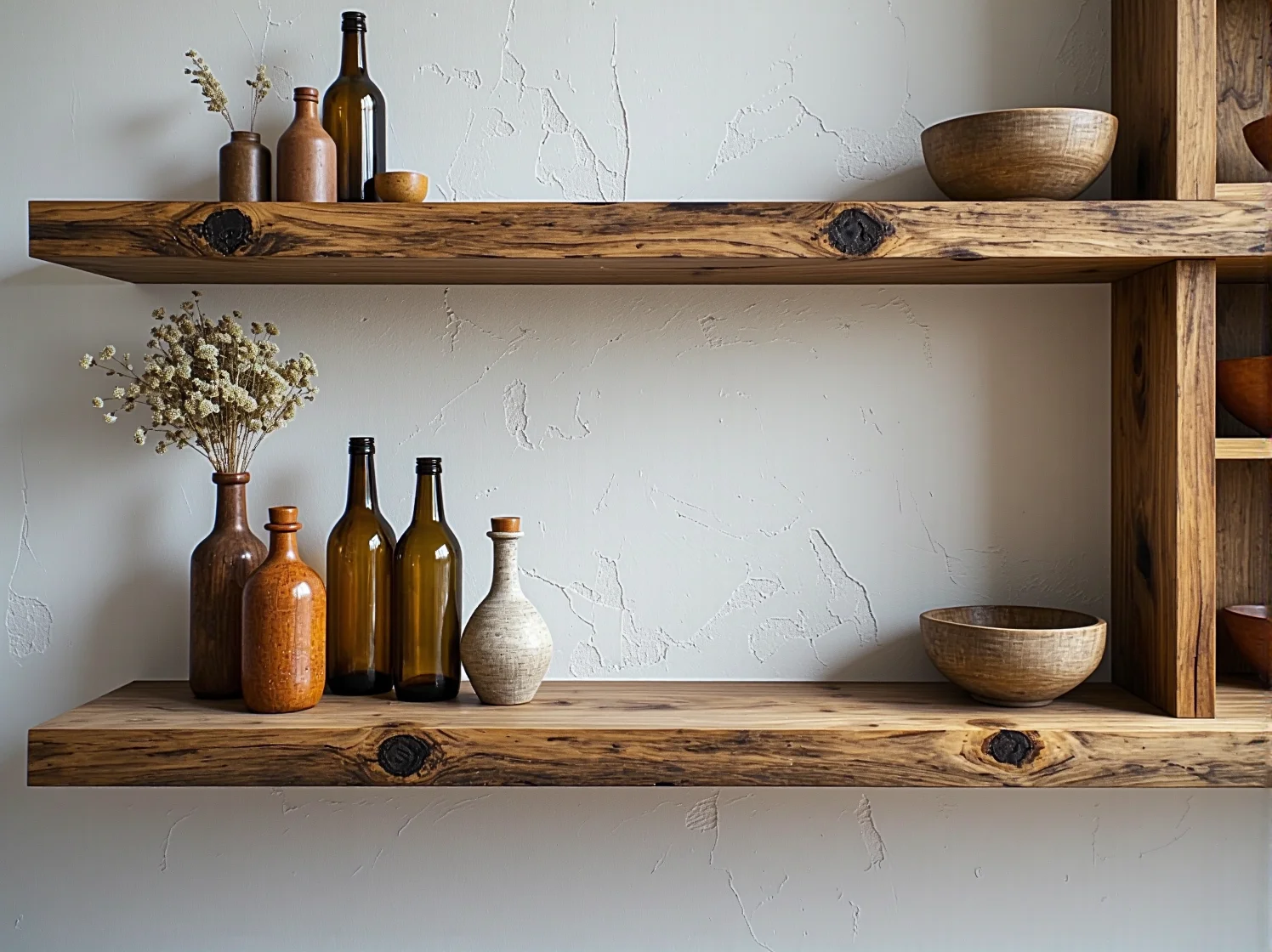 Zbliżenie na półkę z drewna dębowego z widocznymi słojami i naturalnymi pęknięciami.