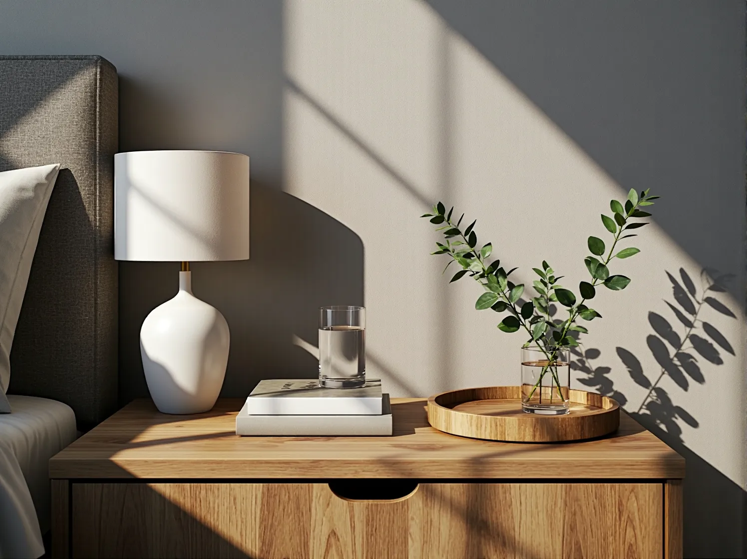 Drewniana podłoga i jasne ściany jako baza dla naturalnej aranżacji sypialni w stylu hygge.