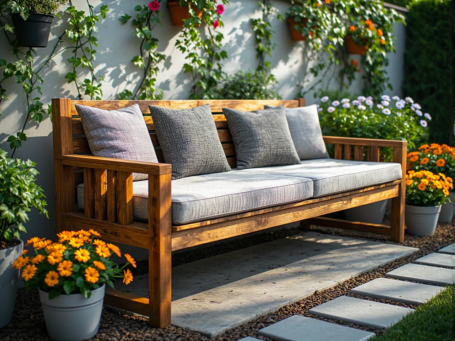 Stylowy taras z drewna egzotycznego z meblami wypoczynkowymi. Ciepłe i naturalne materiały w ogrodzie.