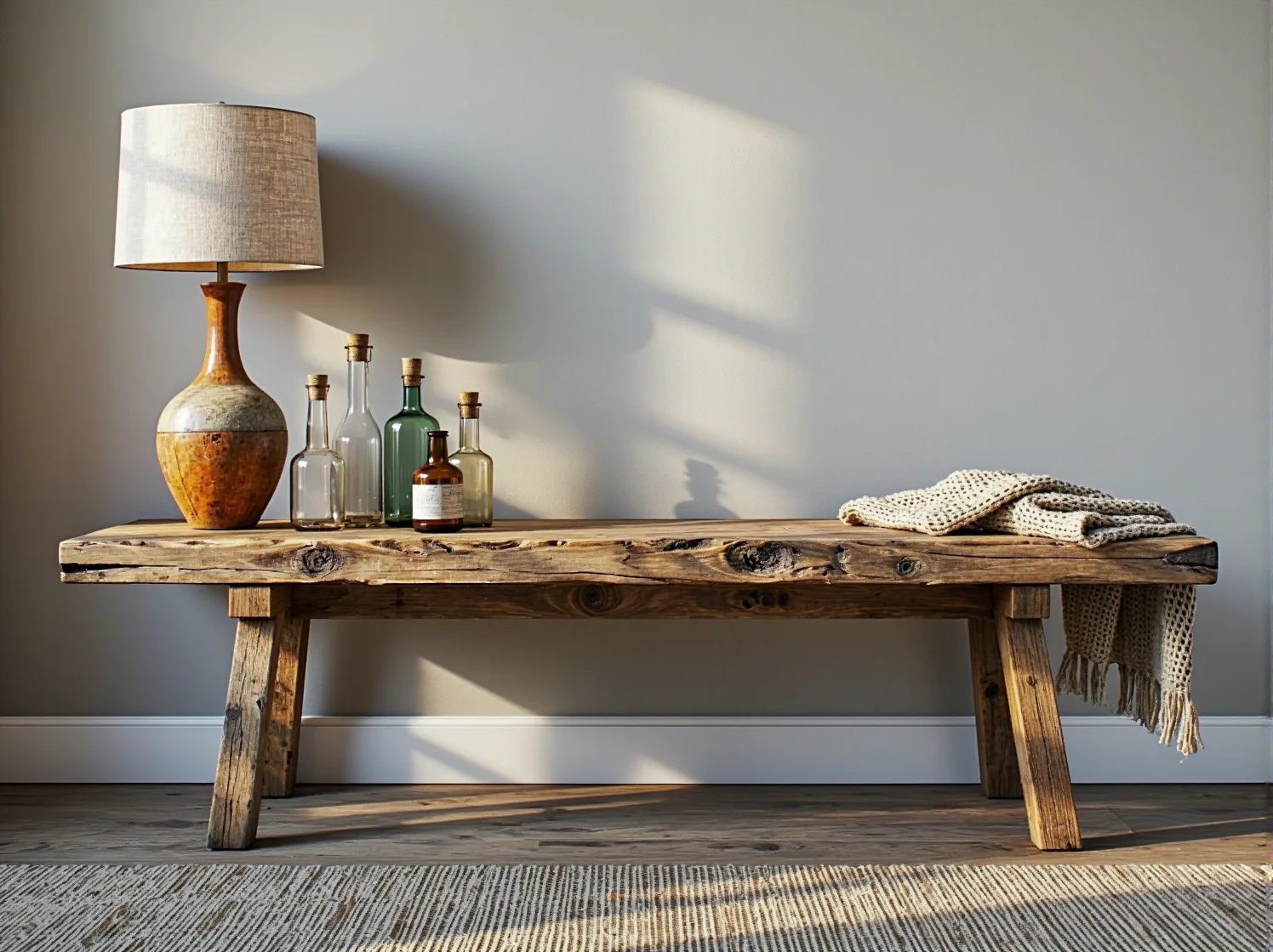 Zbliżenie na unikalną fakturę postarzanego drewna mebla z odzysku w rustykalnej aranżacji.