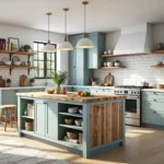 Szafki kuchenne szałwiowe z drewnianym blatem i otwartymi półkami