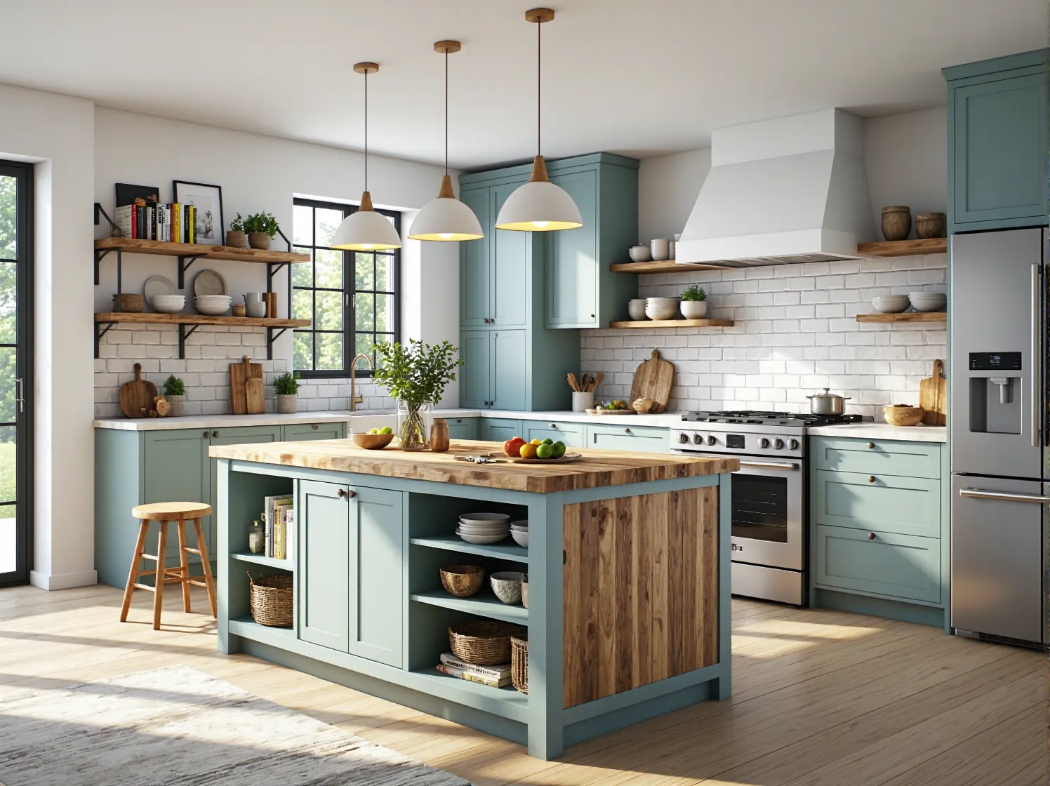 Szafki kuchenne szałwiowe z drewnianym blatem i otwartymi półkami