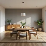 Drewniany stół jadalniany z krzesłami tapicerowanymi w stylu skandynawskim