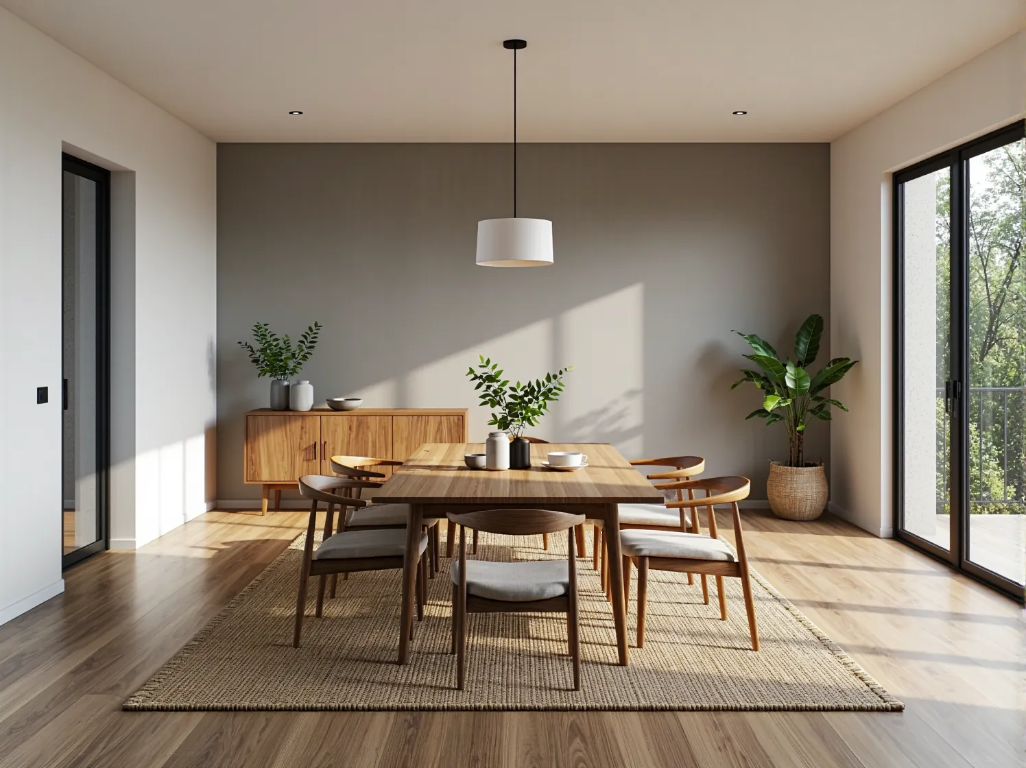 Drewniany stół jadalniany z krzesłami tapicerowanymi w stylu skandynawskim