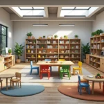 Zestaw mebli przedszkolnych dąb naturalny z regałami i kolorowymi krzesełkami