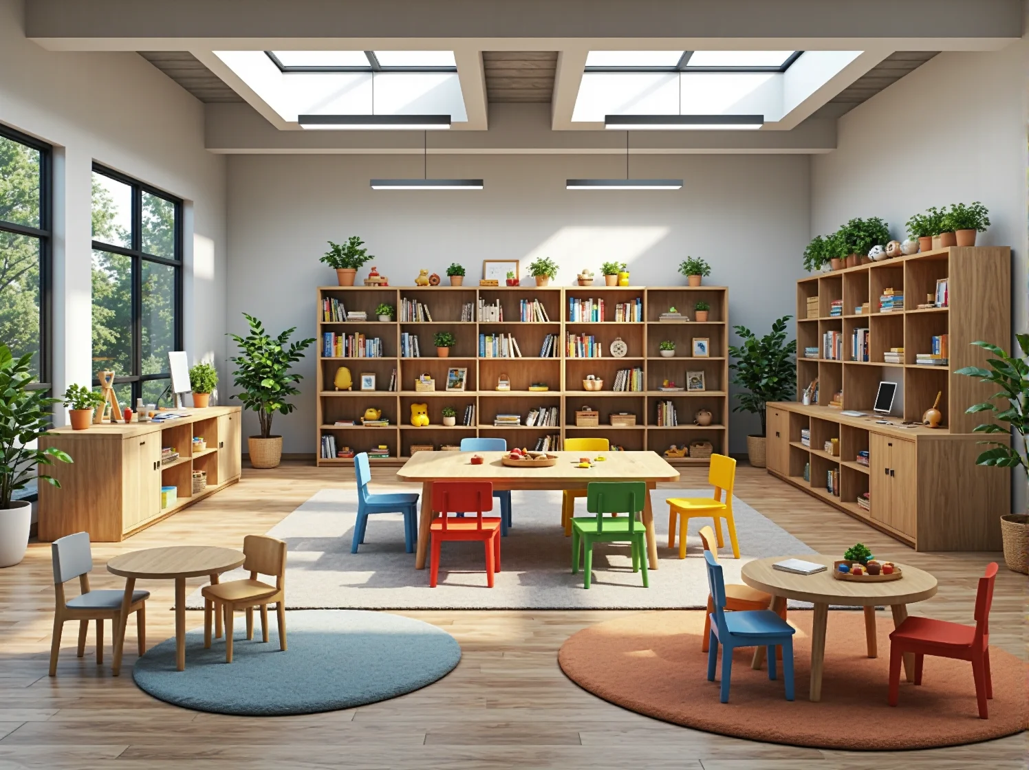 Zestaw mebli przedszkolnych dąb naturalny z regałami i kolorowymi krzesełkami