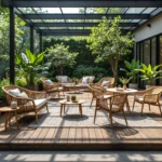 Rattanowy zestaw mebli ogrodowych naturalny z szarymi poduszkami