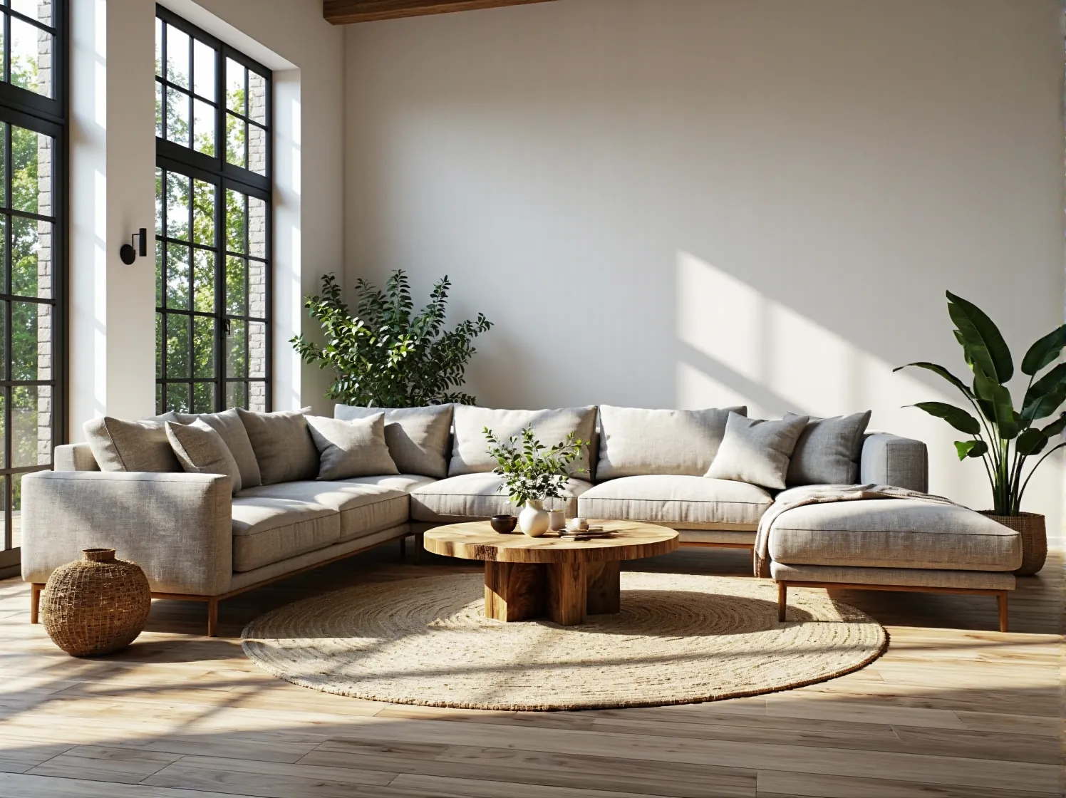 Narożnik modułowy beżowo-szary na drewnianych nogach z poduszkami