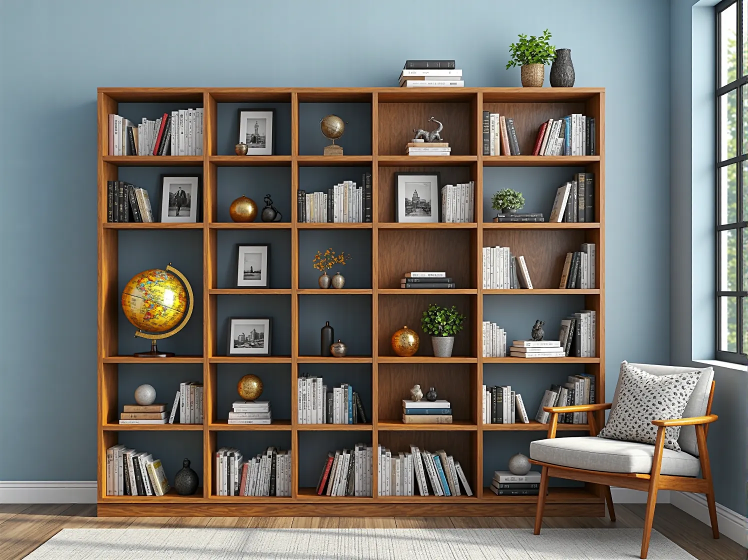 Nowoczesny regał drabinkowy z drewna FSC z książkami i roślinami, jako inspiracja do wnętrza.