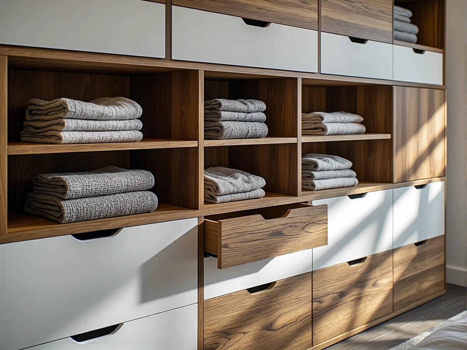 Zbliżenie na moduły komody, które można dowolnie konfigurować, podkreślając elastyczność mebla.