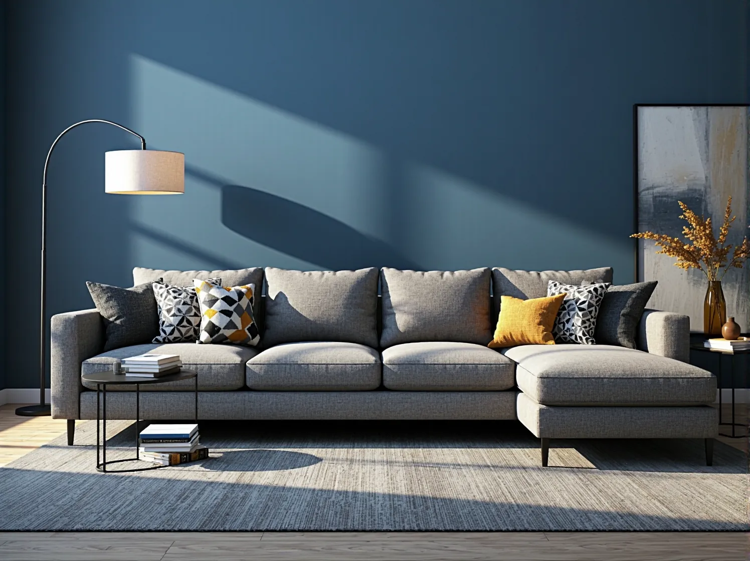 Elegancki welurowy narożnik w stylu glamour w luksusowej aranżacji z modnymi dodatkami.