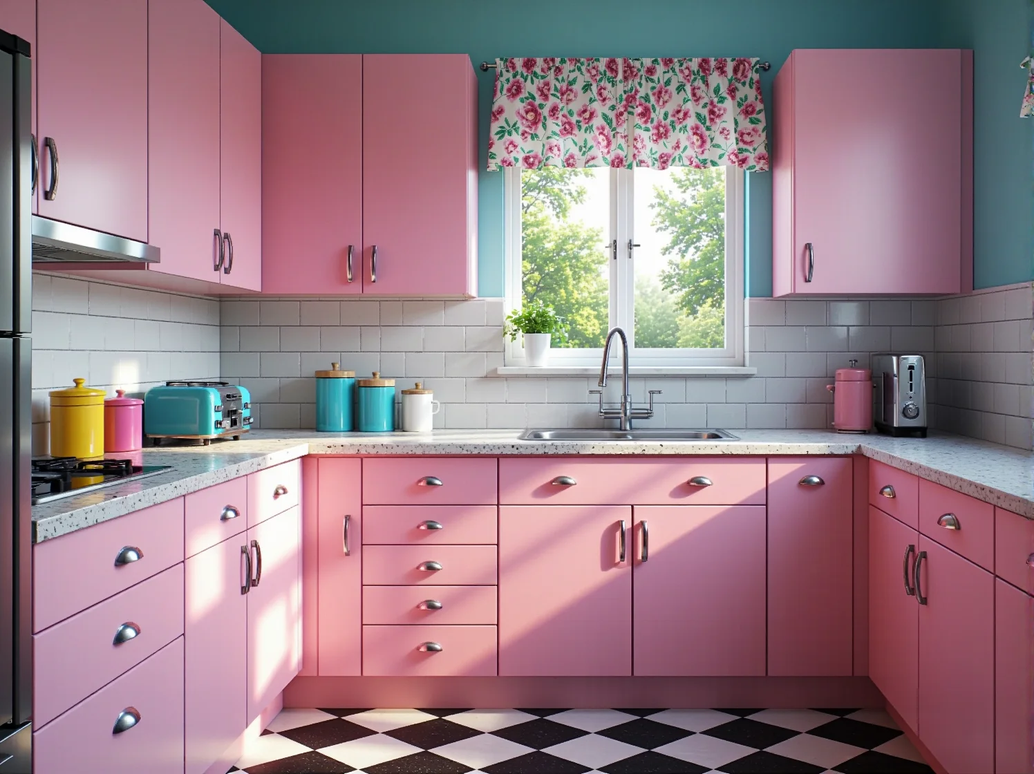 Energetyczne kolory lat 60. w aranżacji wnętrza: pomarańczowy fotel i wzorzysta, geometryczna tapeta.