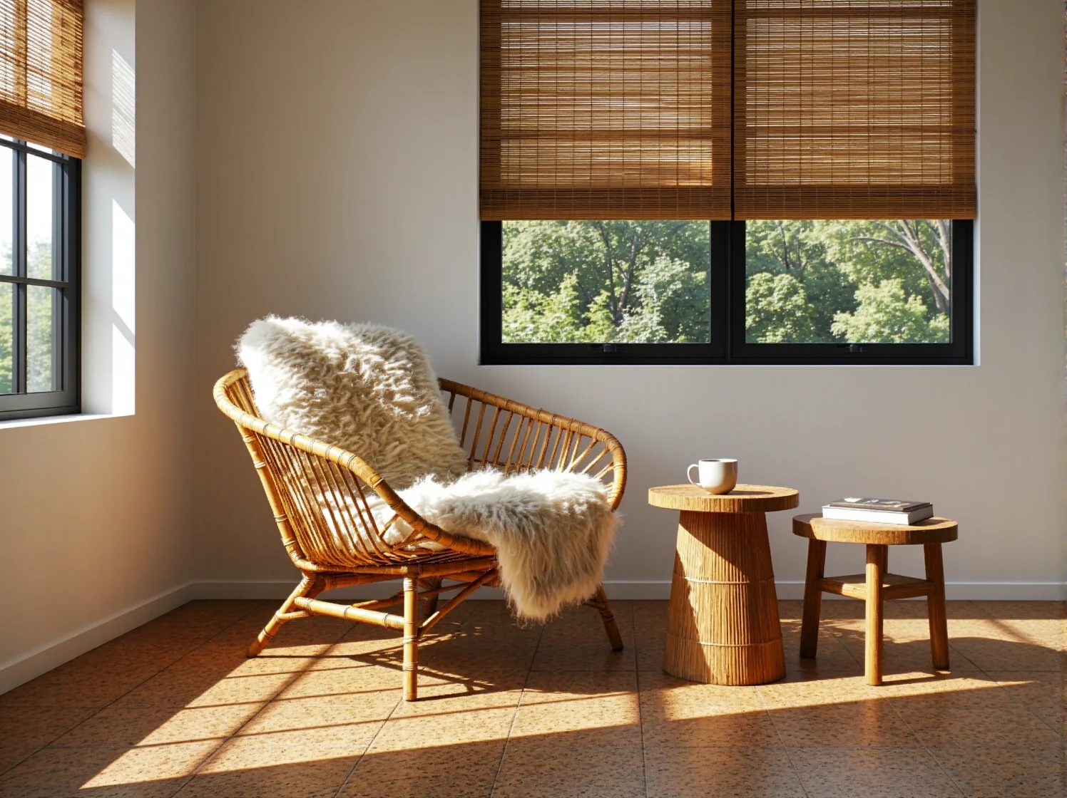 Stylowy fotel rattanowy z poduszką jako naturalny, modny akcent w kompaktowym pokoju dziennym.