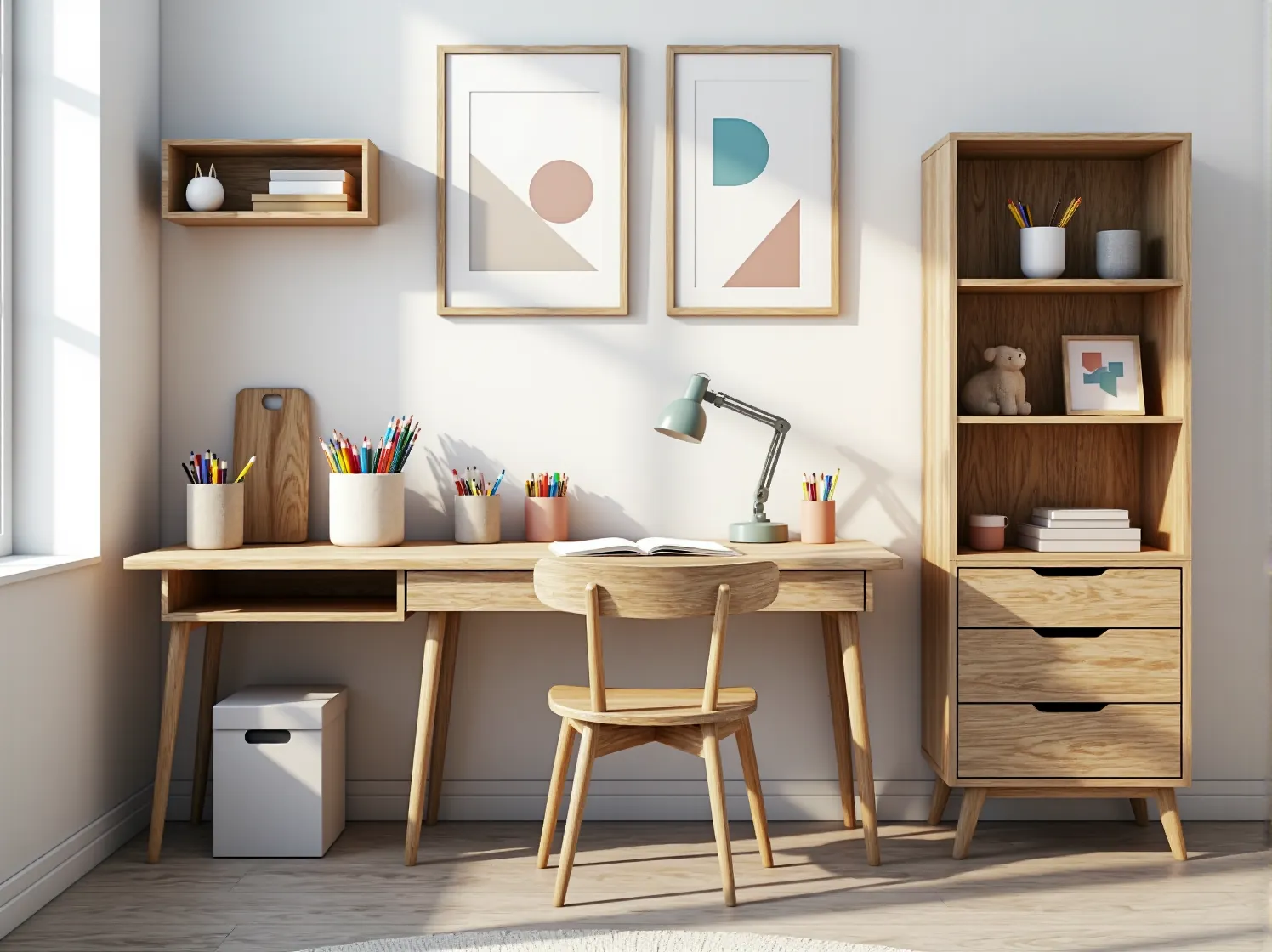 Funkcjonalne łóżko piętrowe z biurkiem pod spodem, idealne do małego pokoju dziecka w skandynawskim stylu.