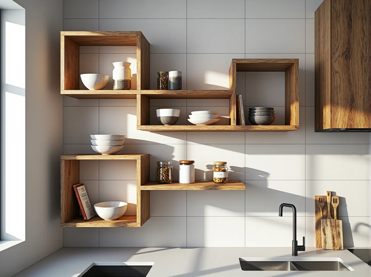 Zestaw funkcjonalnych półek wiszących z naturalnego drewna w jasnym wnętrzu.