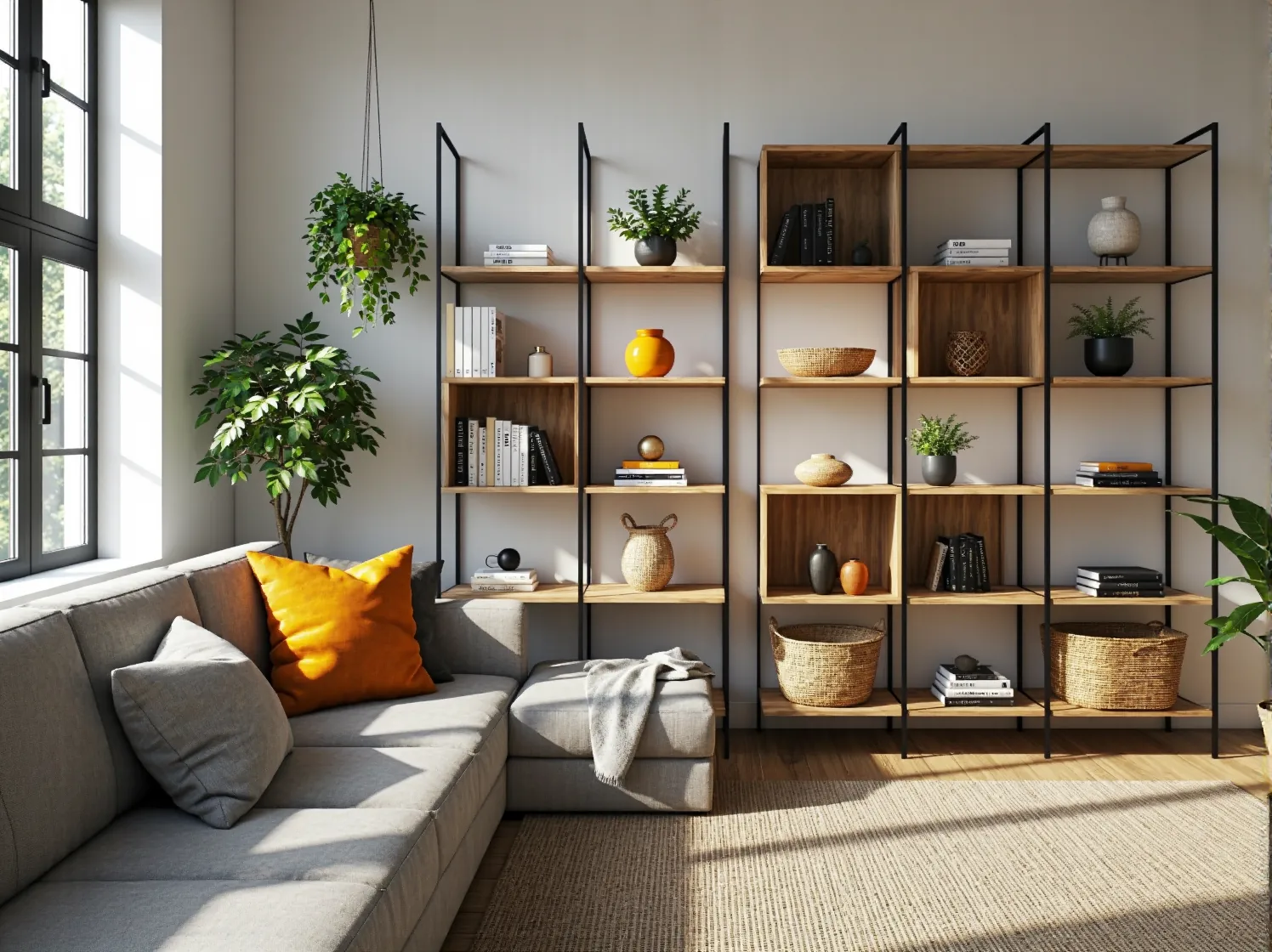 Funkcjonalny system regałów modułowych do pokoju dziennego, łączący design skandynawski z praktycznością.