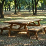 Drewniany stół piknikowy z ławkami w kolorze sosny