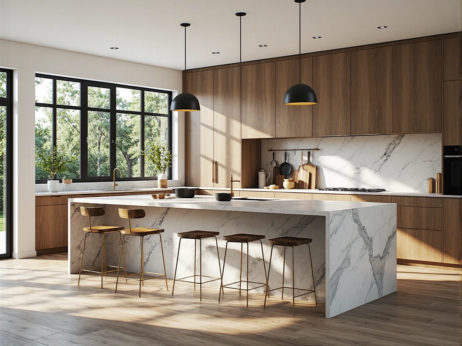 Industrialna kuchnia z marmurową wyspą i minimalistycznymi lampami z mosiądzu.