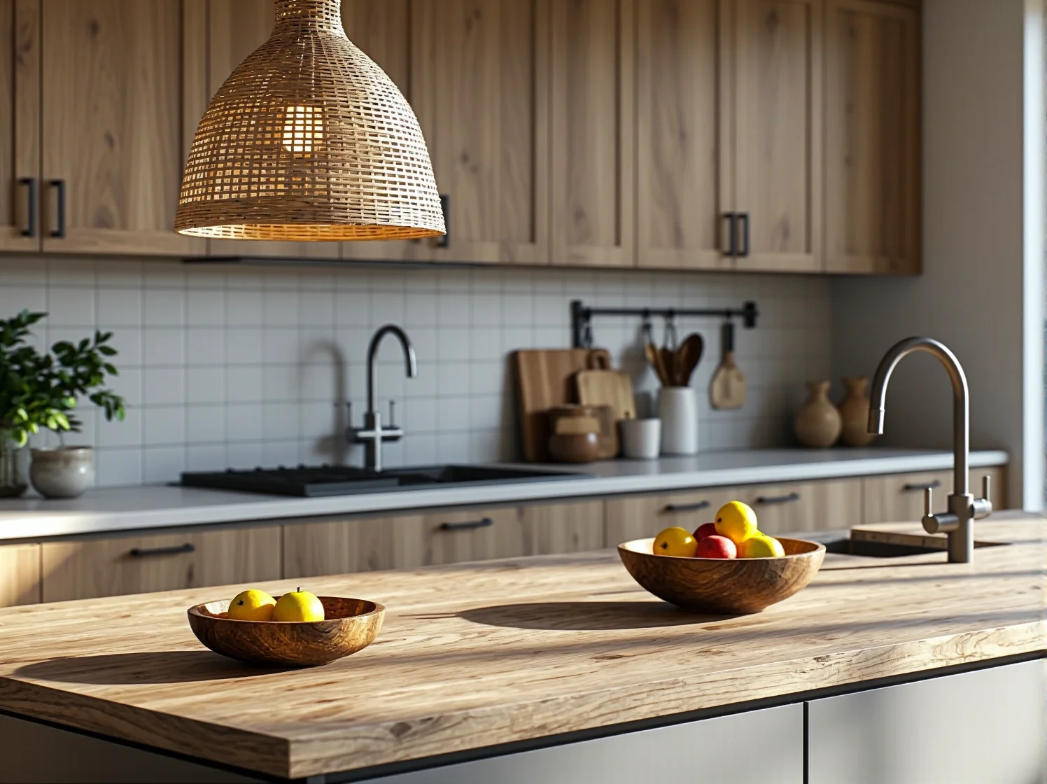 Czarna lampa wisząca w stylu industrialnym pasująca do jasnych drewnianych szafek kuchennych.