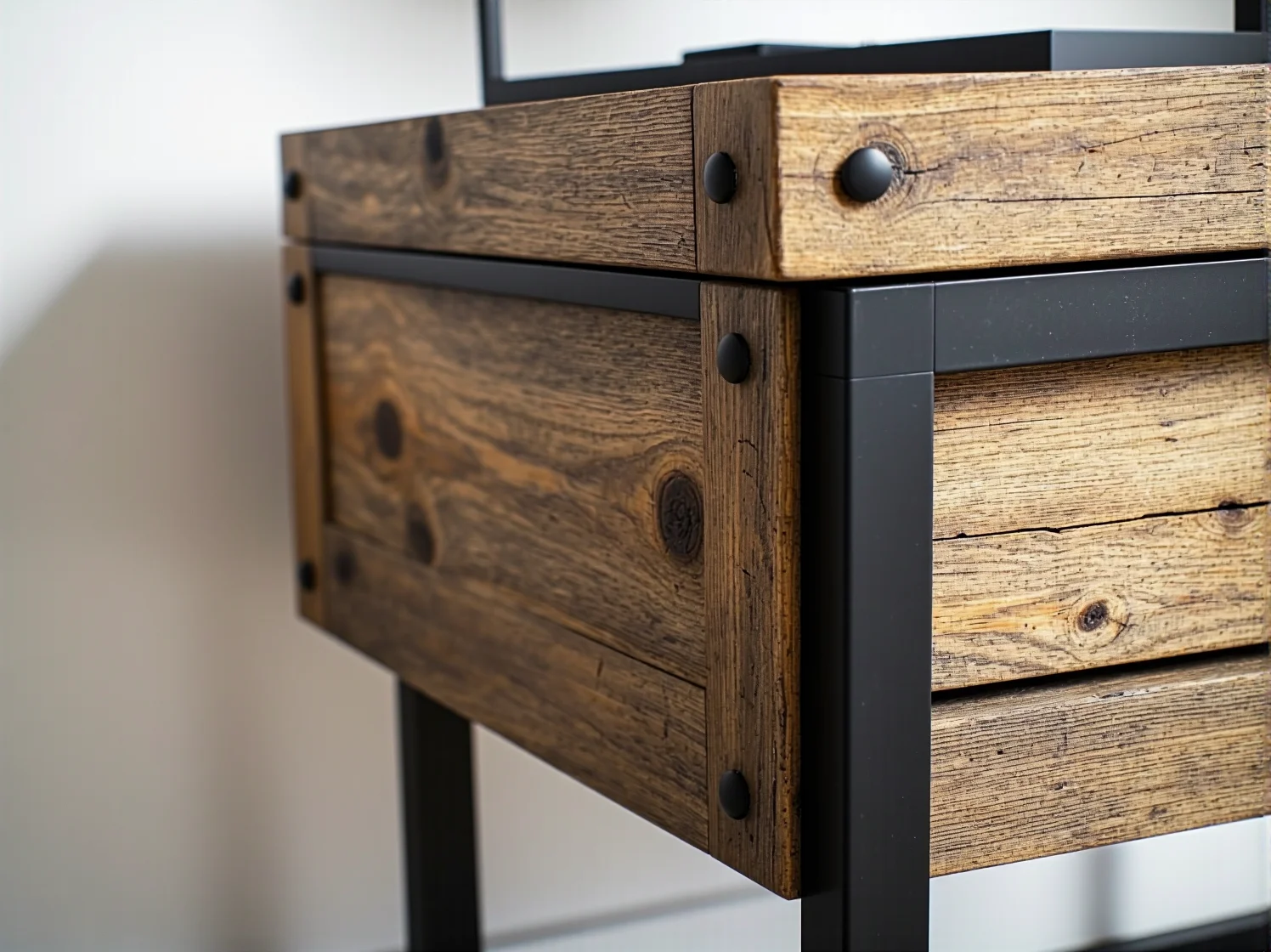 Detal industrialnego stolika nocnego: czarny, matowy uchwyt i nowa, ciemna farba na szufladzie.