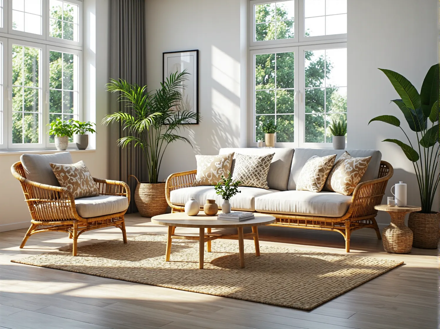 Komplet wypoczynkowy rattanowy z sofą i fotelem z jasnymi poduszkami